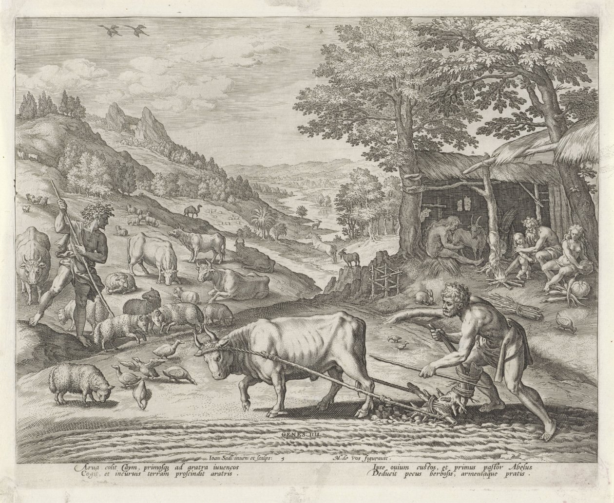 Kain och Abel som bonde och herde Historien om Kains familj / Om goda och dåliga verk (serietitel) Boni et mali scientia (serietitel) av Johann Sadeler (I)