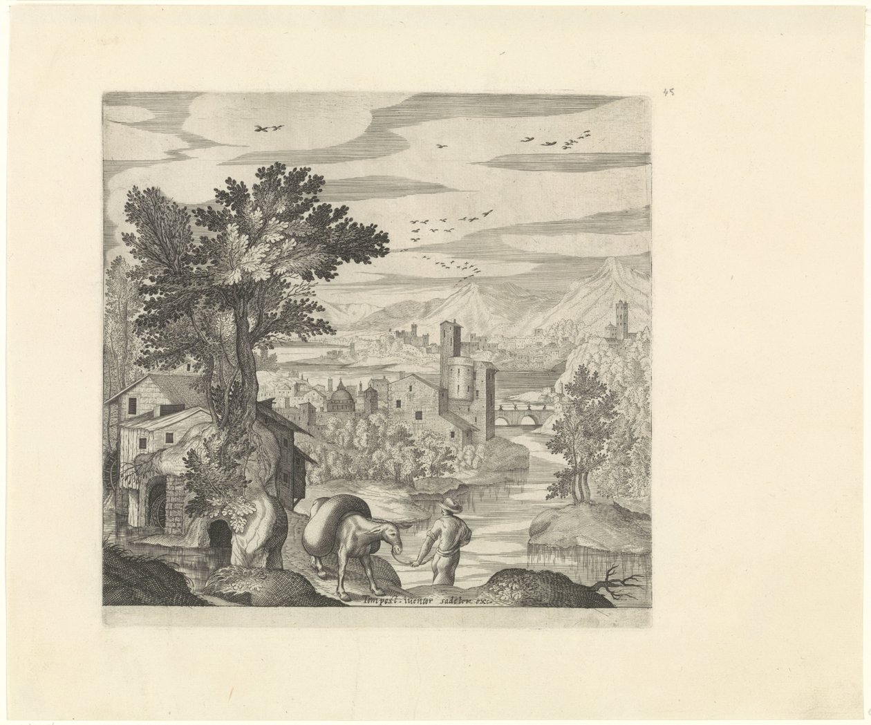 Landskap med en bonde och hans åsna Italienska landskap (serietitel) av Johann Sadeler (I)
