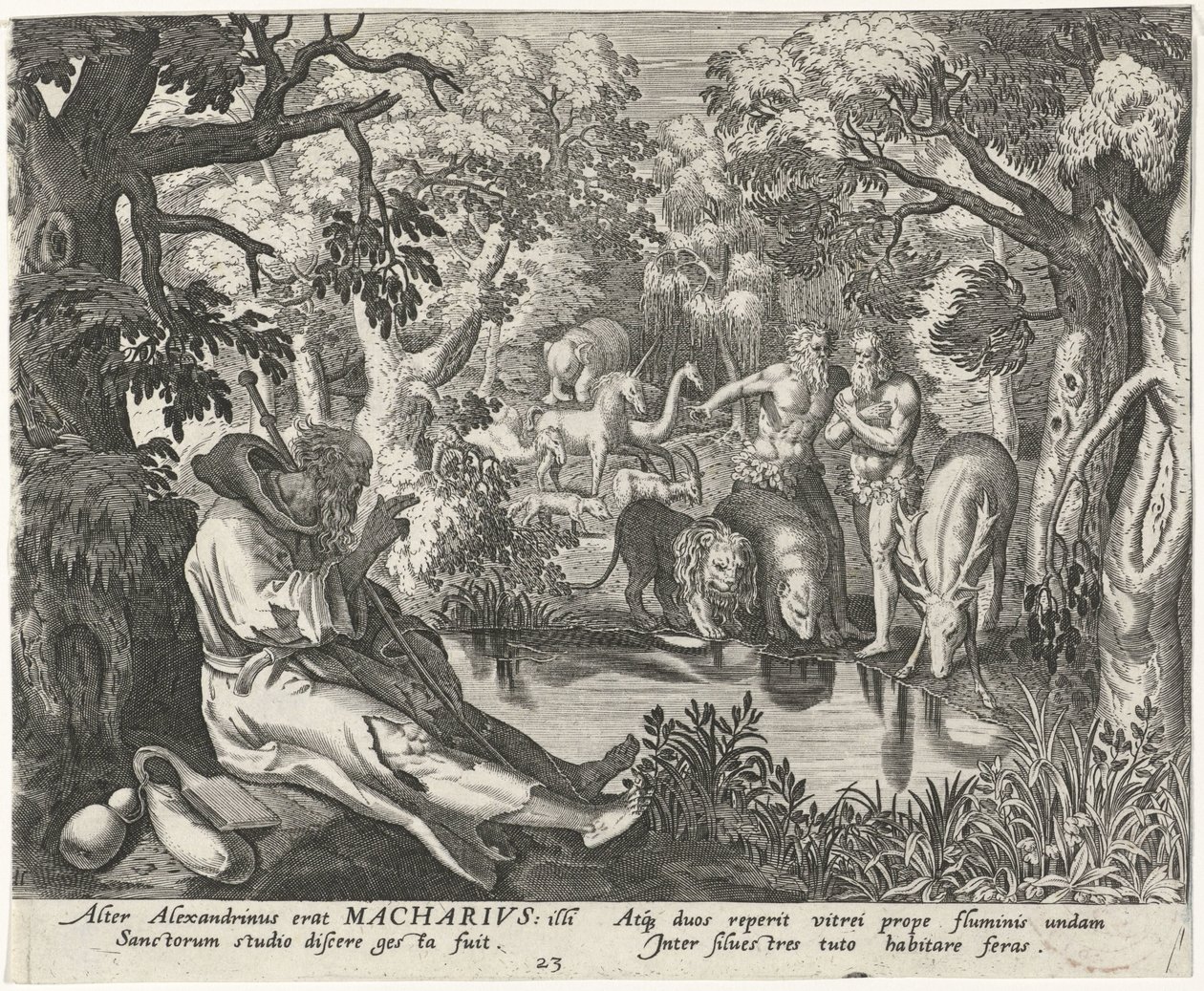 Macarius av Alexandria som eremit Manliga eremiter (serietitel) Solitudo Sive Vitae Patrum Eremicolarum (serietitel) av Johann Sadeler (I)