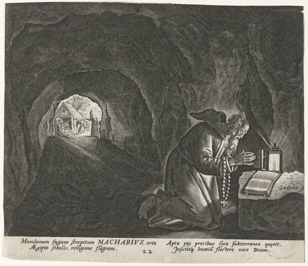 Macarius av Egypten som en eremit Manliga eremiter (serietitel) Solitudo Sive Vitae Patrum Eremicolarum (serietitel) av Johann Sadeler (I)