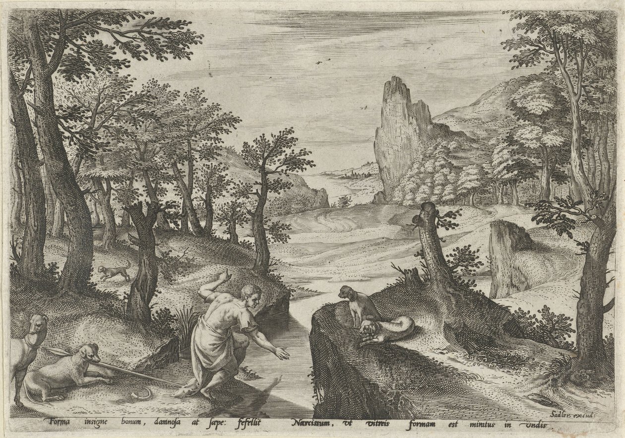 Narciss Landskap med mytologiska scener (serietitel) av Johann Sadeler (I)