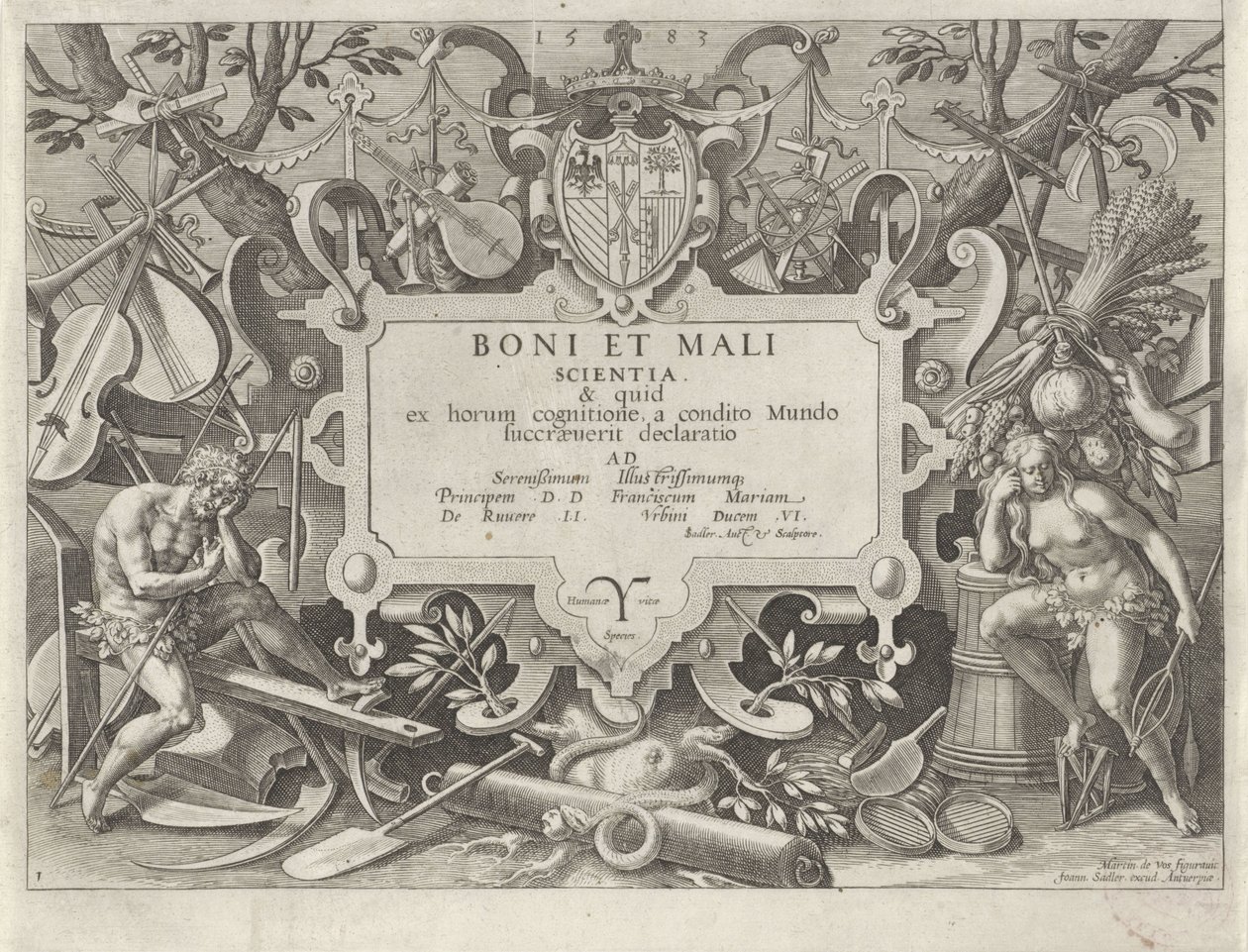 Prydnadsram med Adam och Eva Historien om Kains familj / Om goda och dåliga verk (serietitel) Boni et mali scientia (serietitel på objekt) av Johann Sadeler (I)