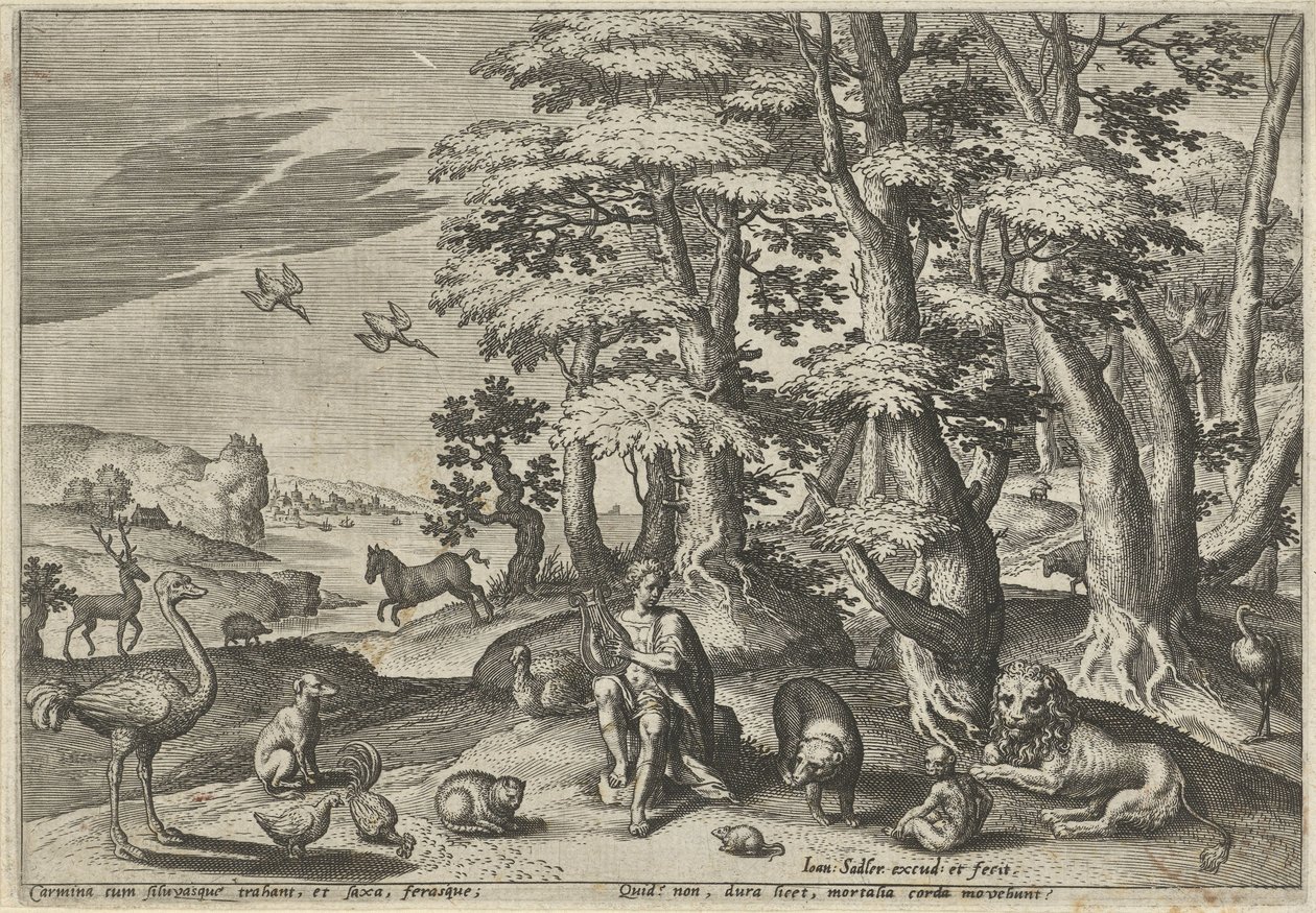 Orpheus, gör musik för djuren Landskap med mytologiska scener (serietitel) av Johann Sadeler (I)
