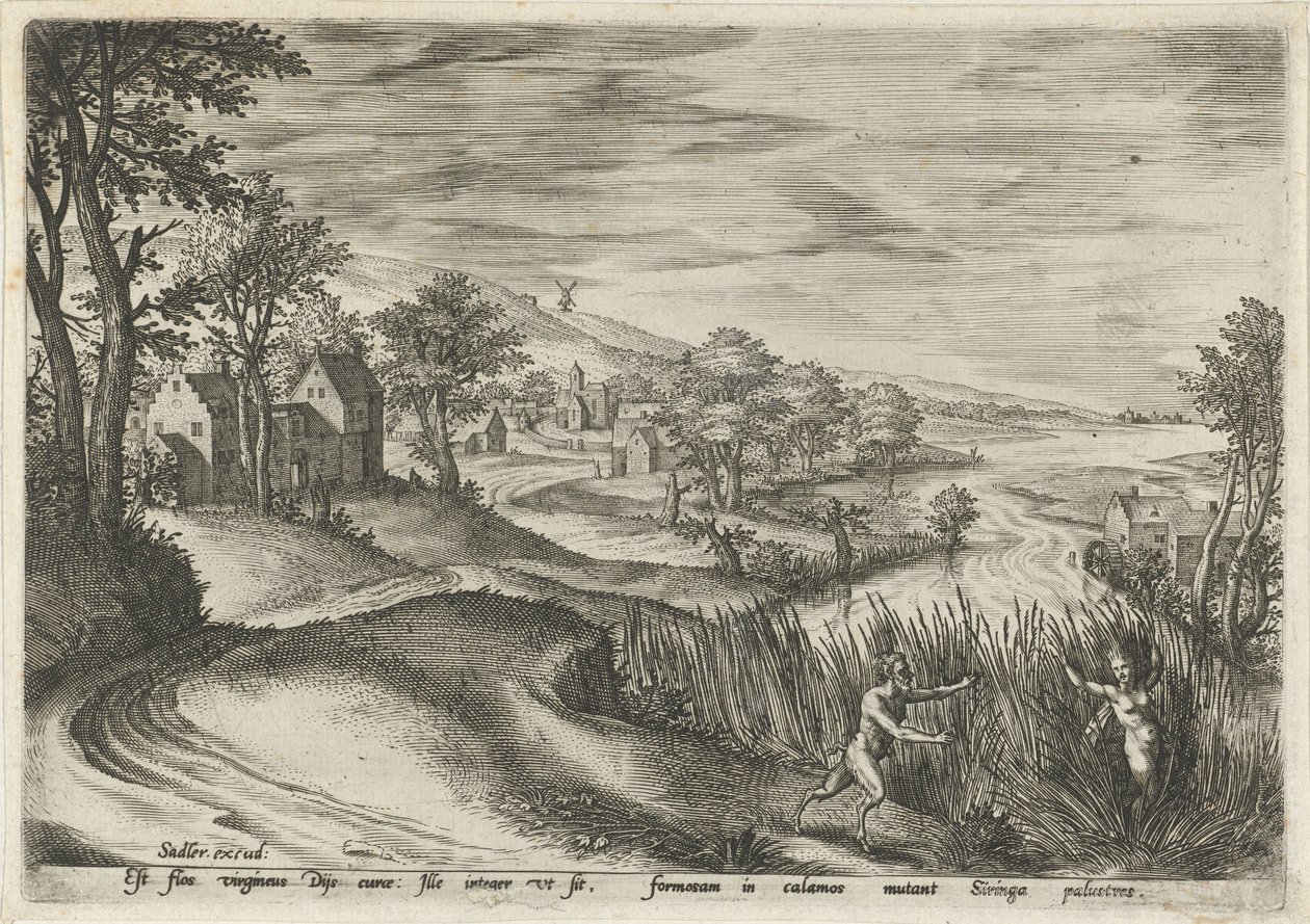 Pan jagar nymfen Syrinx Landskap med mytologiska scener (serietitel) av Johann Sadeler (I)