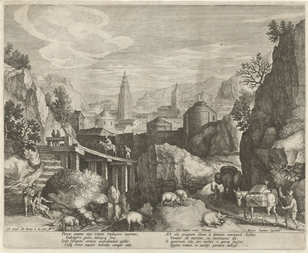 Stenigt landskap med fabeln om åsnan och vildsvinet Emblem i ett landskap (serietitel) av Johann Sadeler (I)