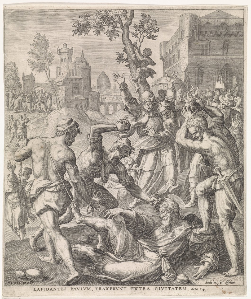 Stening av aposteln Paulus Apostlarnas handlingar (serietitel) av Johann Sadeler (I)