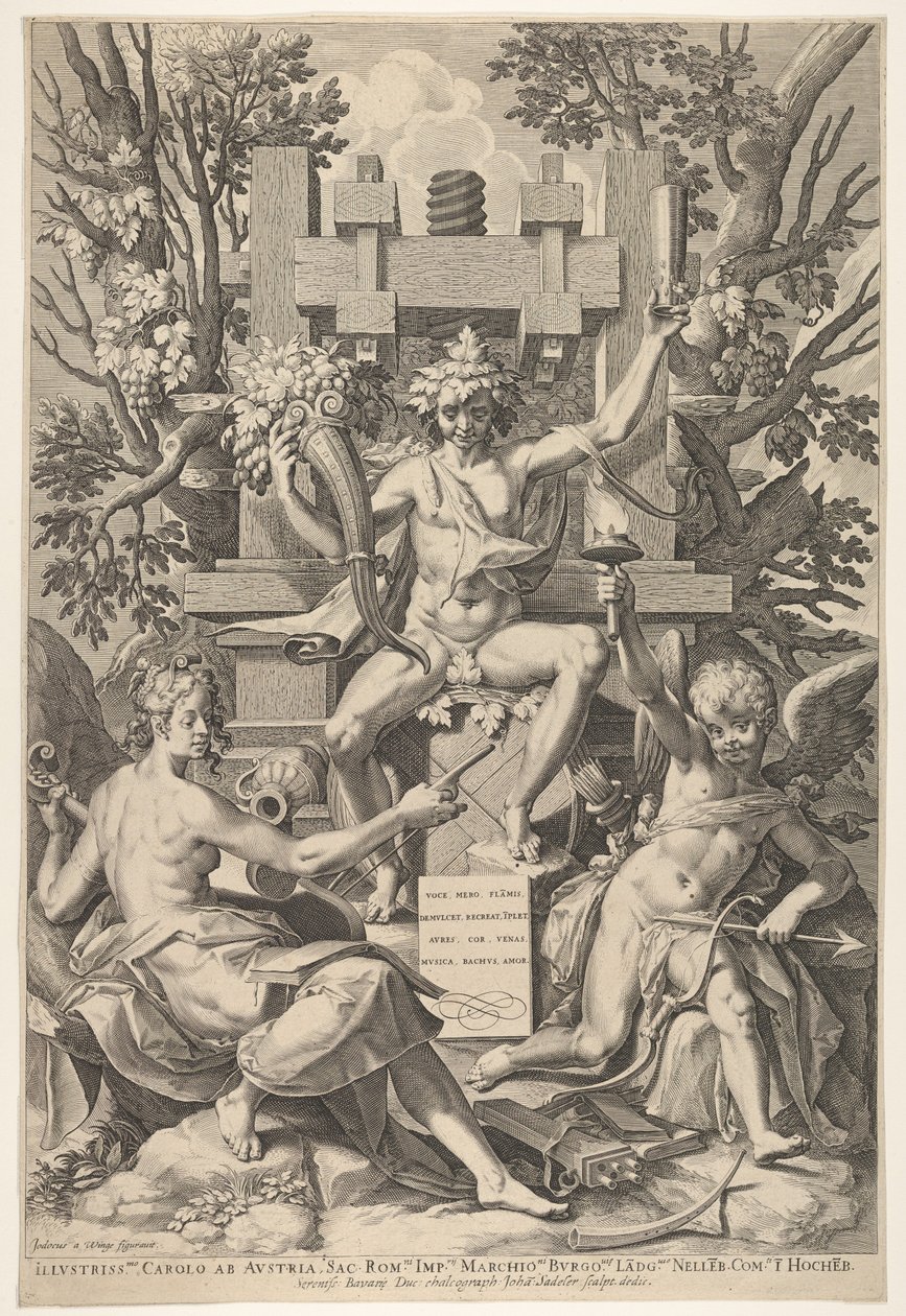 Bacchus, Musik, Amor, 1575-1600. av Johann Sadeler I