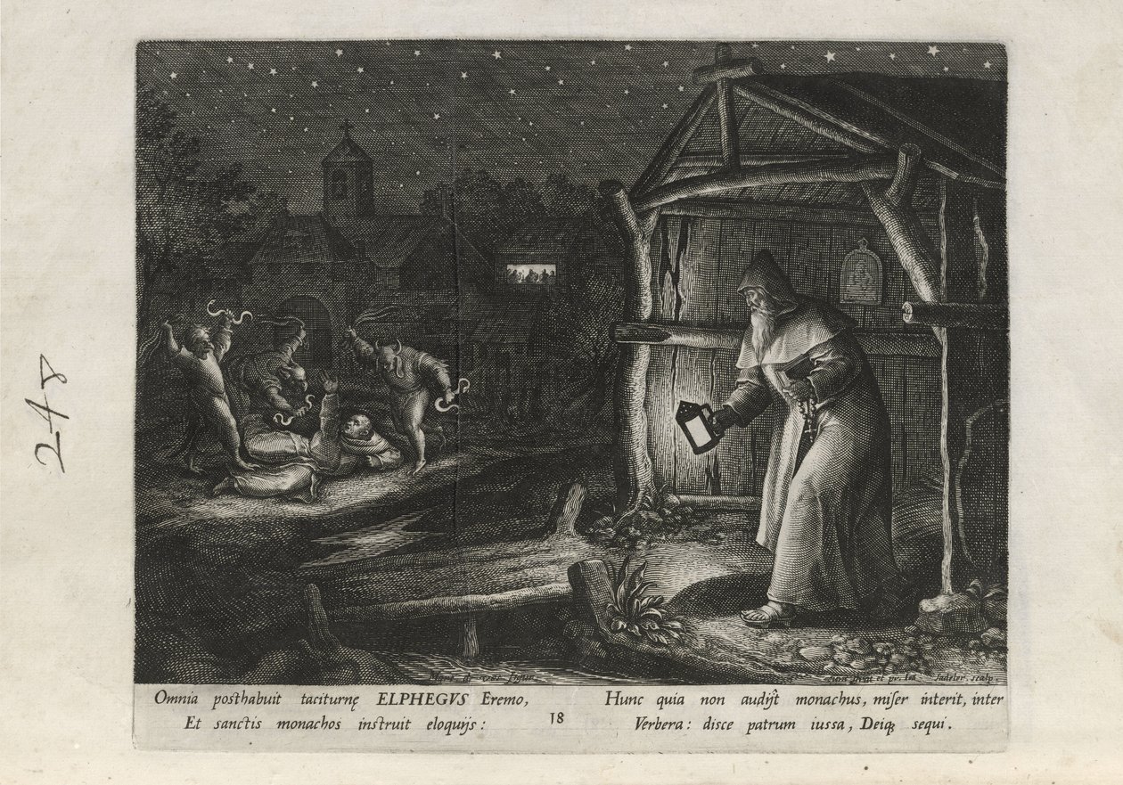Elphegus, plansch 18 av 25 ur serien Trophaeum Vitae Solitariae (manliga eremiter) av Johann Sadeler I