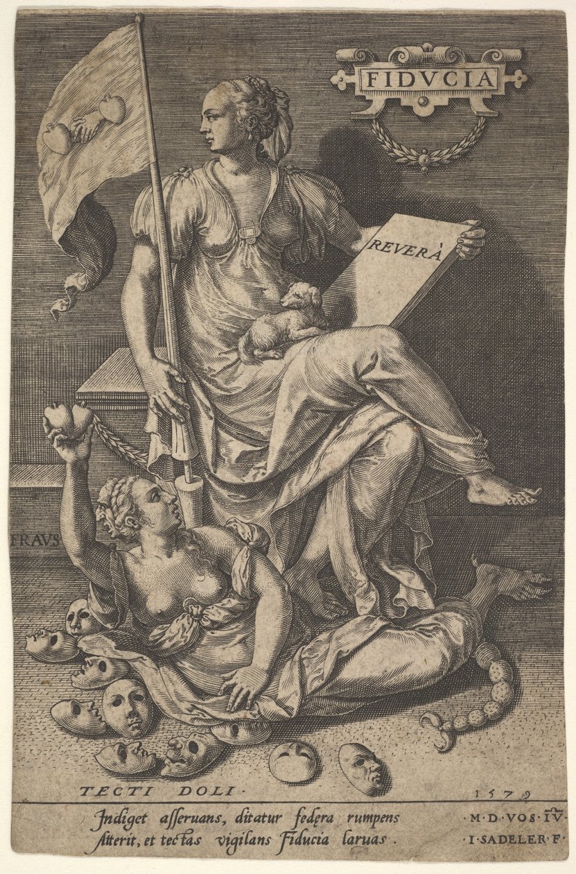 Fiducia, en sittande kvinna håller i en bok och en banderoll medan hon vänder bort huvudet från en bar..., 1579. av Johann Sadeler I