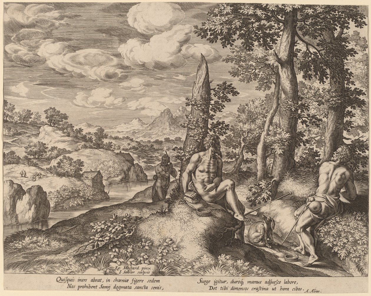 Landskap med tre nakna män och en hund. av Johann Sadeler I