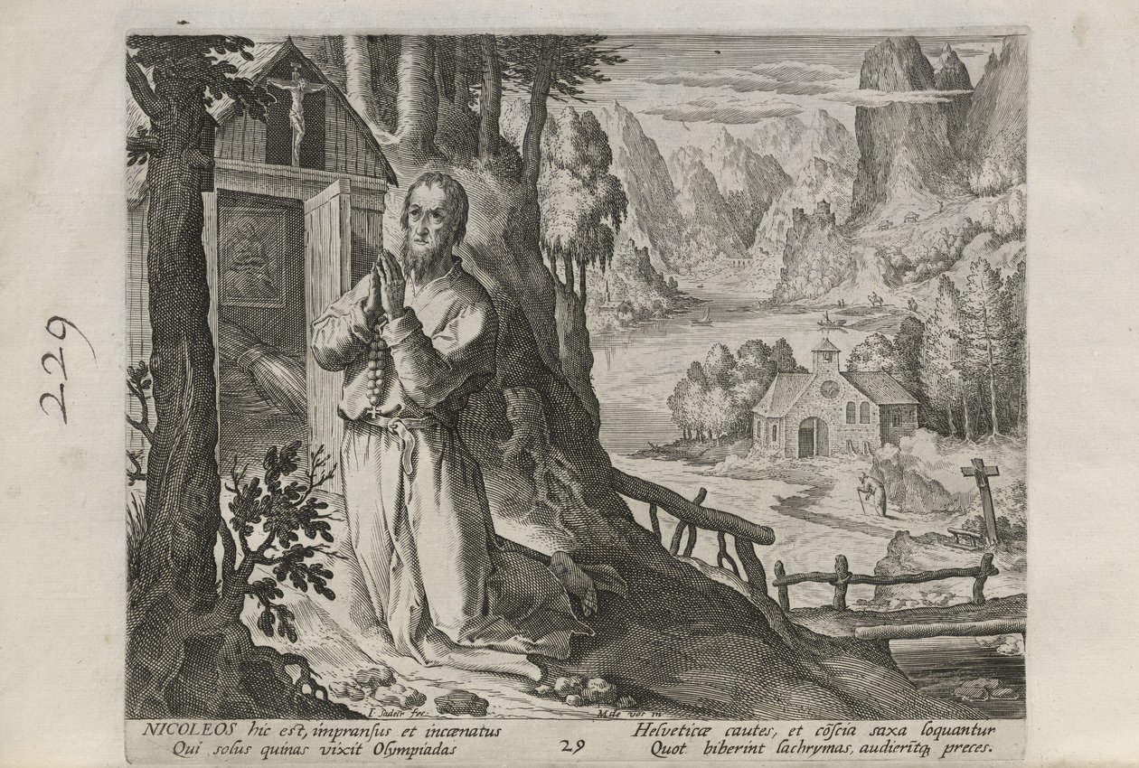 Nicoleos, plansch 29 av 30 ur serien Sylvae Sacrae (Eremiter i landskap) av Johann Sadeler I