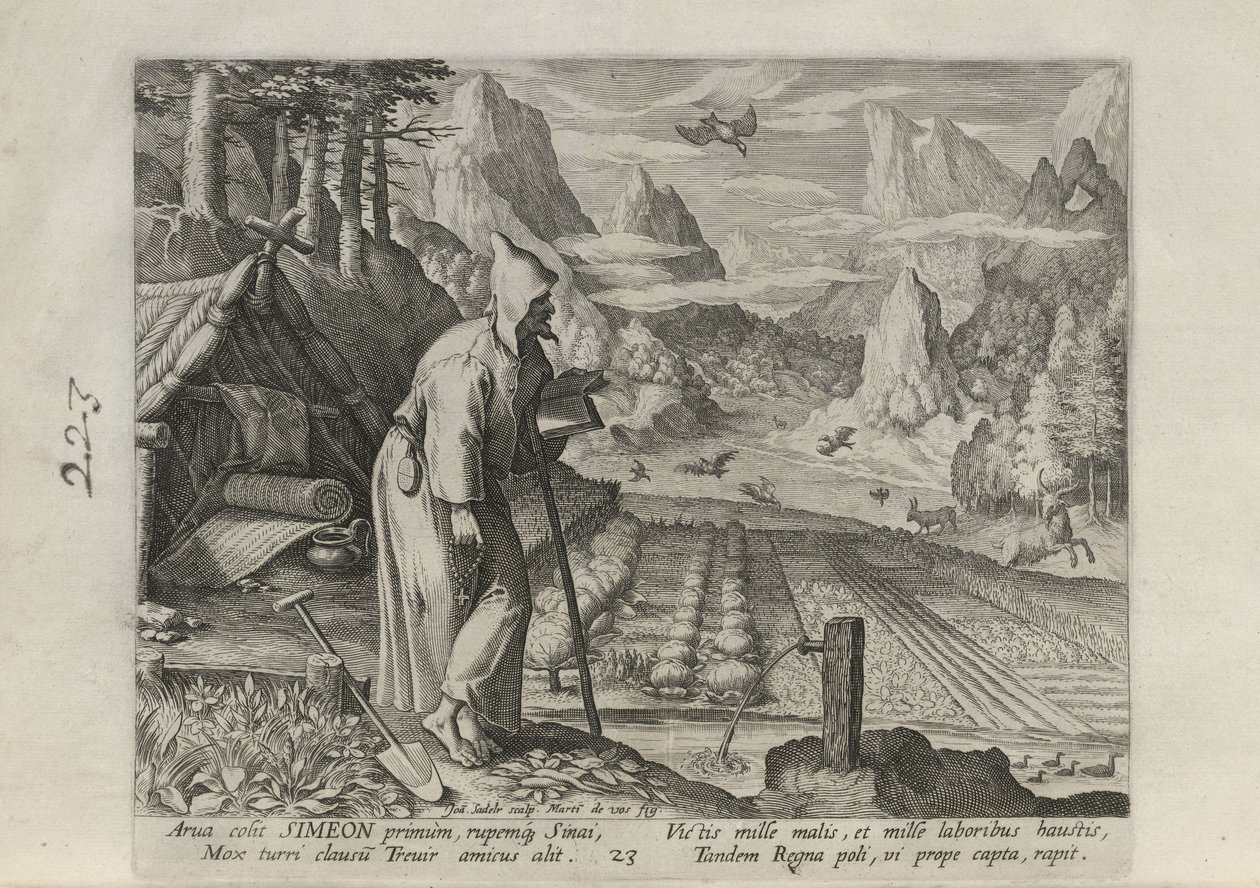 Simeon, plansch 23 av 30 ur serien Sylvae Sacrae (Eremiter i landskap) av Johann Sadeler I