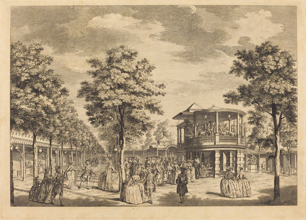 Vauxhall Gardens visar Grand Walk vid ingången till trädgården och orkestern med musik som spelar av Johann Sebastian Müller after Samuel Wale
