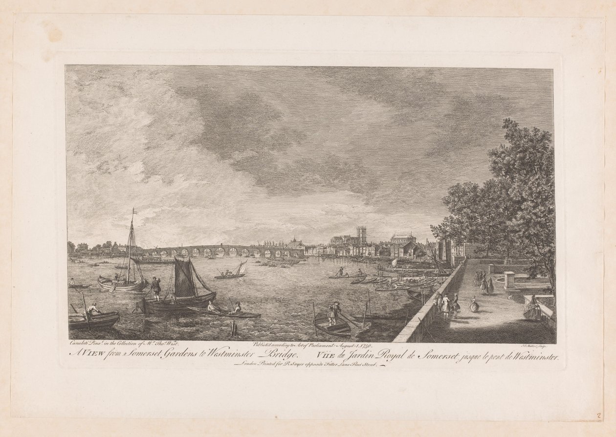 Vy över Somerset Gardens på Westminster Bridge i London av Johann Sebastian Muller