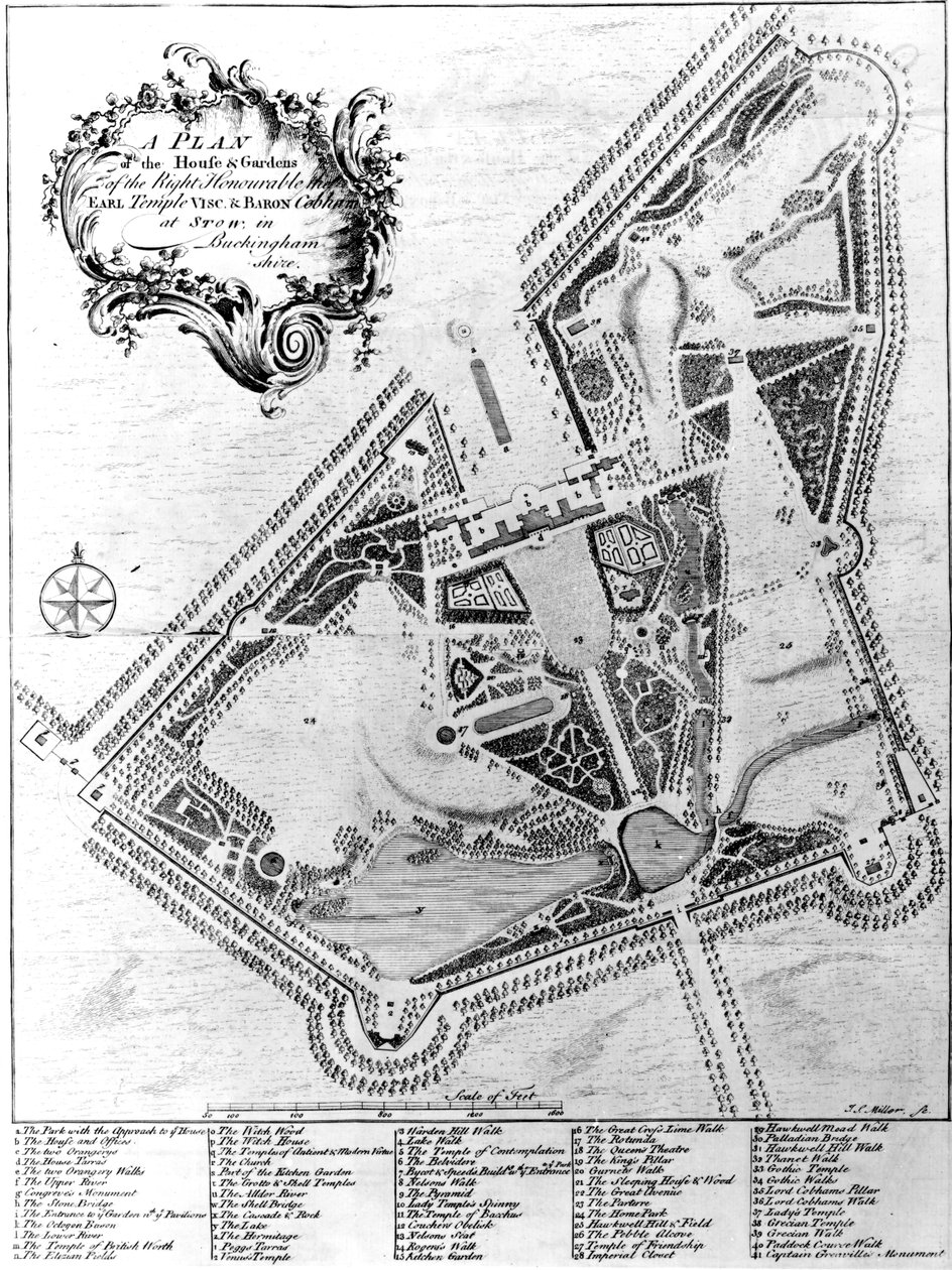 En plan över huset och trädgårdarna i Stowe, Buckinghamshire av Johann Sebastien Muller