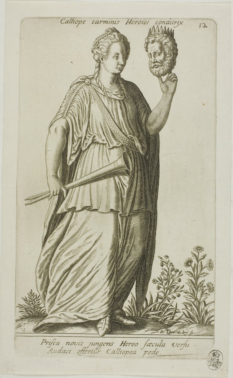 Calliope, Muse of Epic Poetry, tallrik 12 från Parnassus Biceps av Johann Theodor de Bry