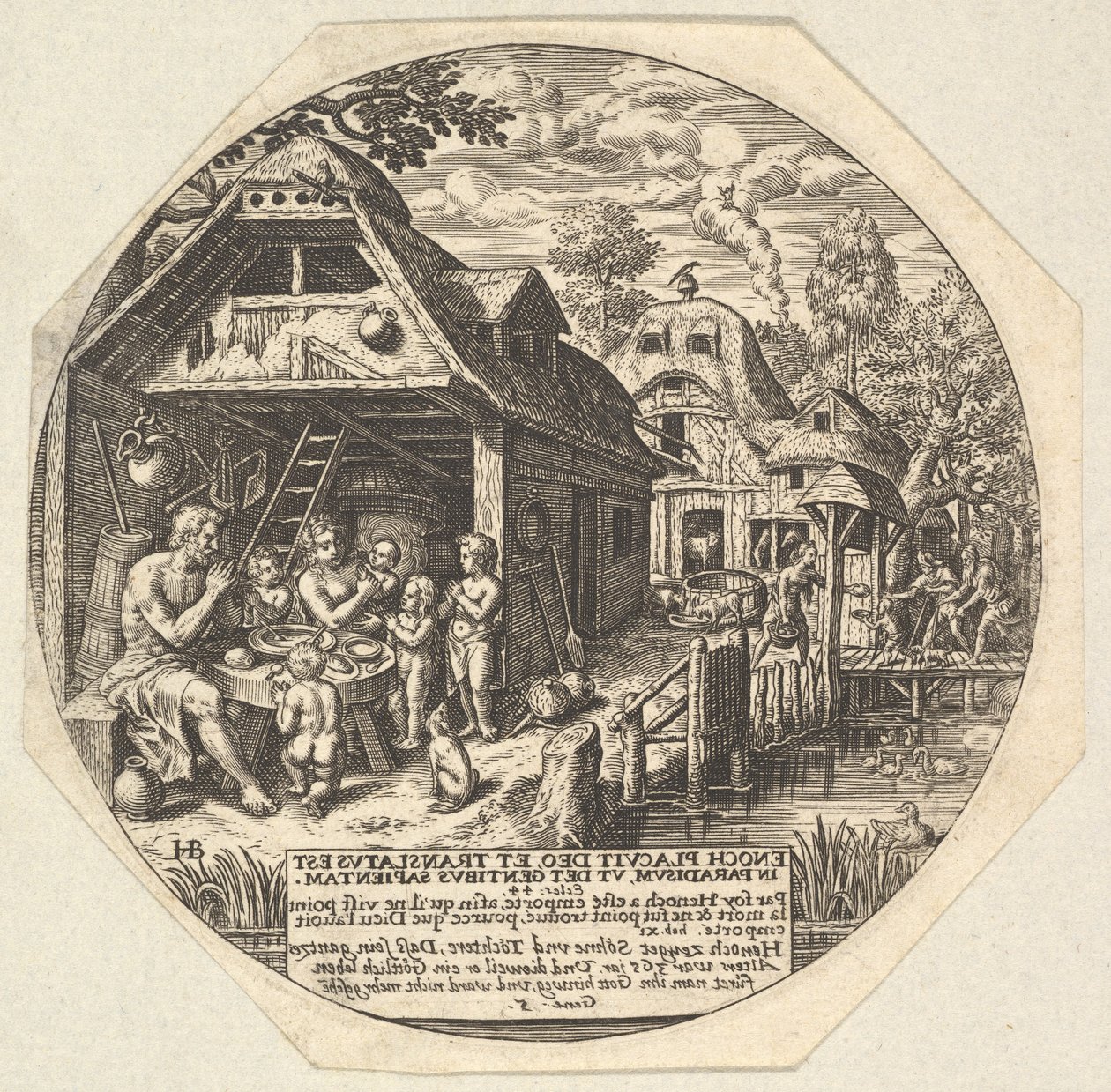 Enoch och hans familj runt ett måltidsbord och håller sina händer i en gest..., ca. 1580-1623. av Johann Theodor de Bry