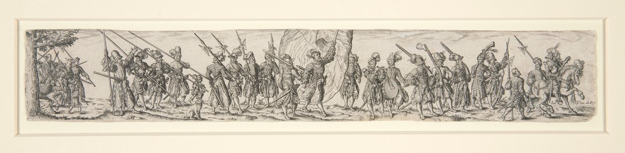 Marscherande soldater med en fanbärare av Johann Theodor de Bry