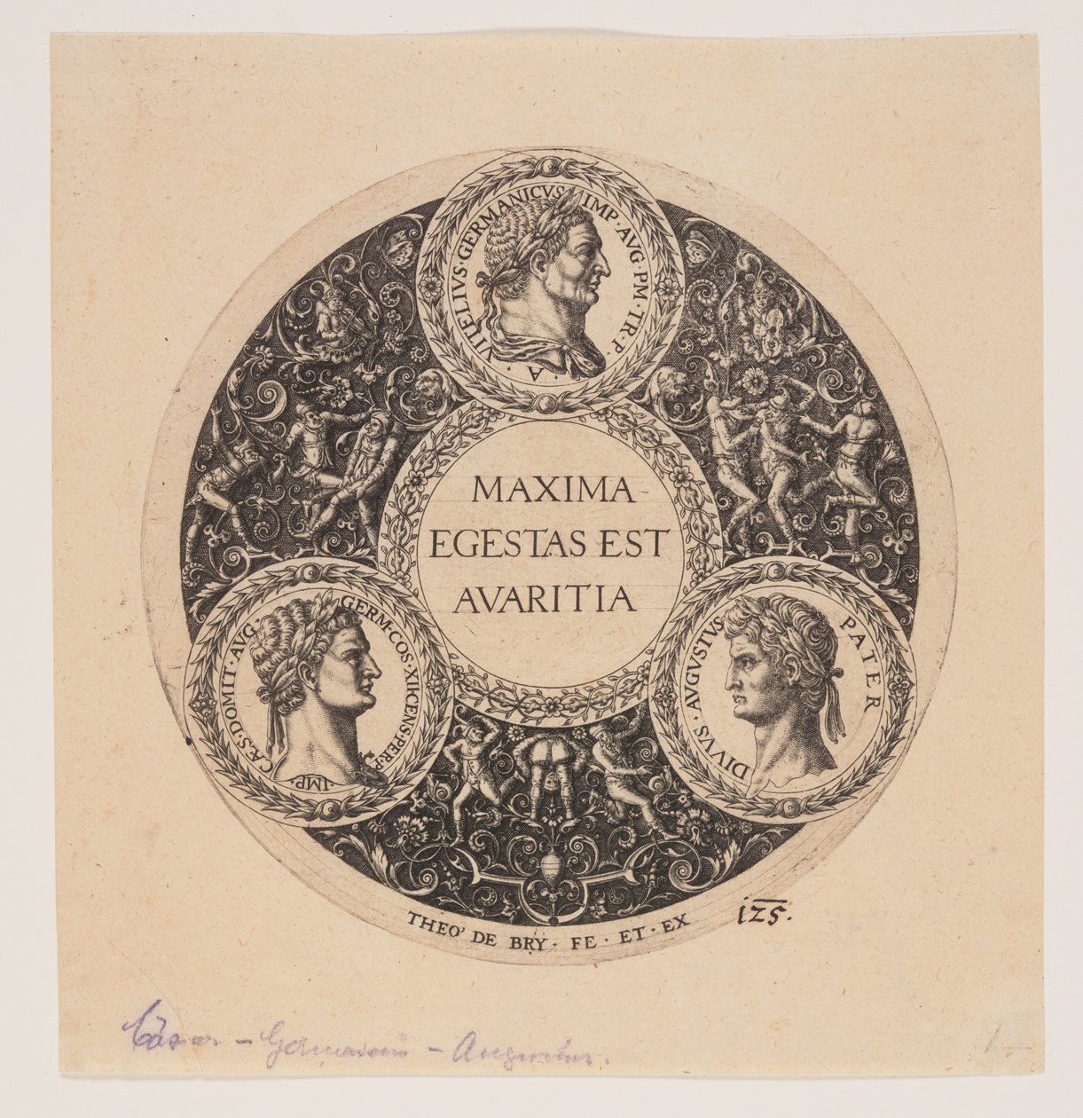 Maxima Egestas Est Avaritia, Design för en skål med fot av Johann Theodor de Bry