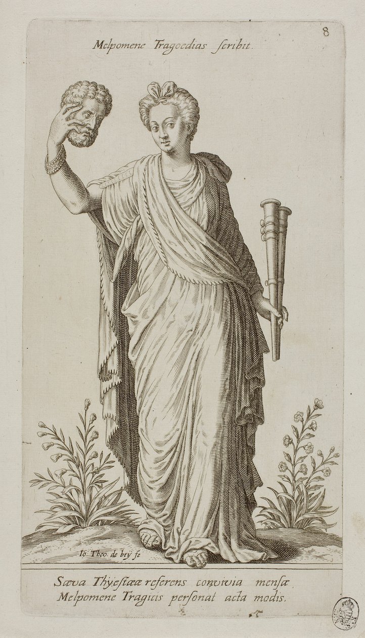 Melpomene, Muse of Tragedy, tallrik 8 från Parnassus Biceps av Johann Theodor de Bry