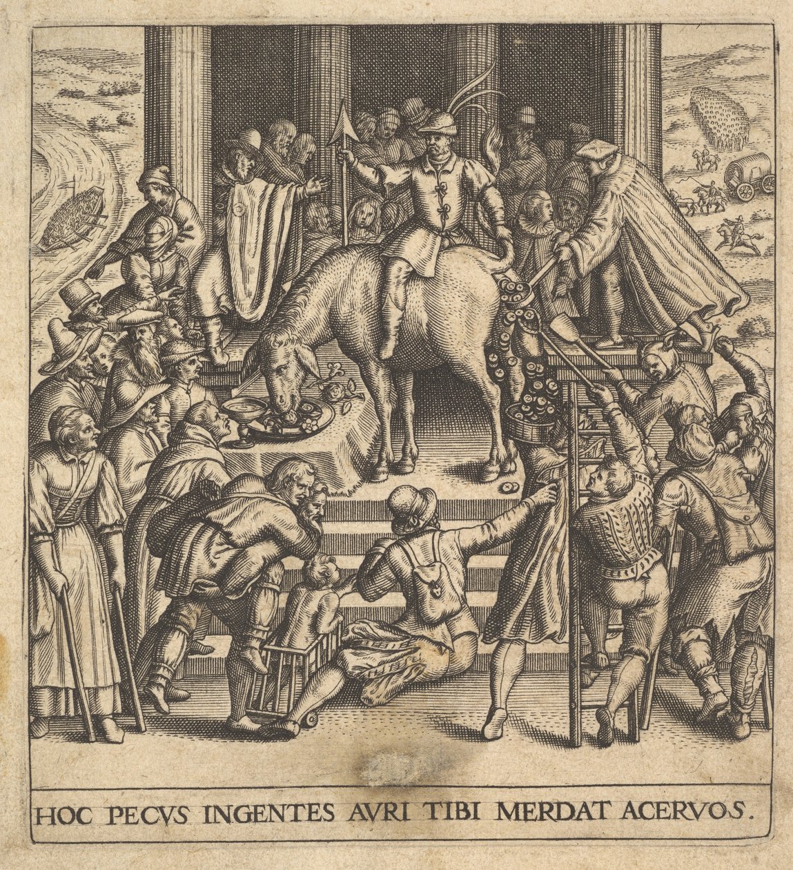 Män som samlar dynga som tappar från bakdelen av en mula, med en ryttare sittande ba..., 1592-1614. av Johann Theodor de Bry
