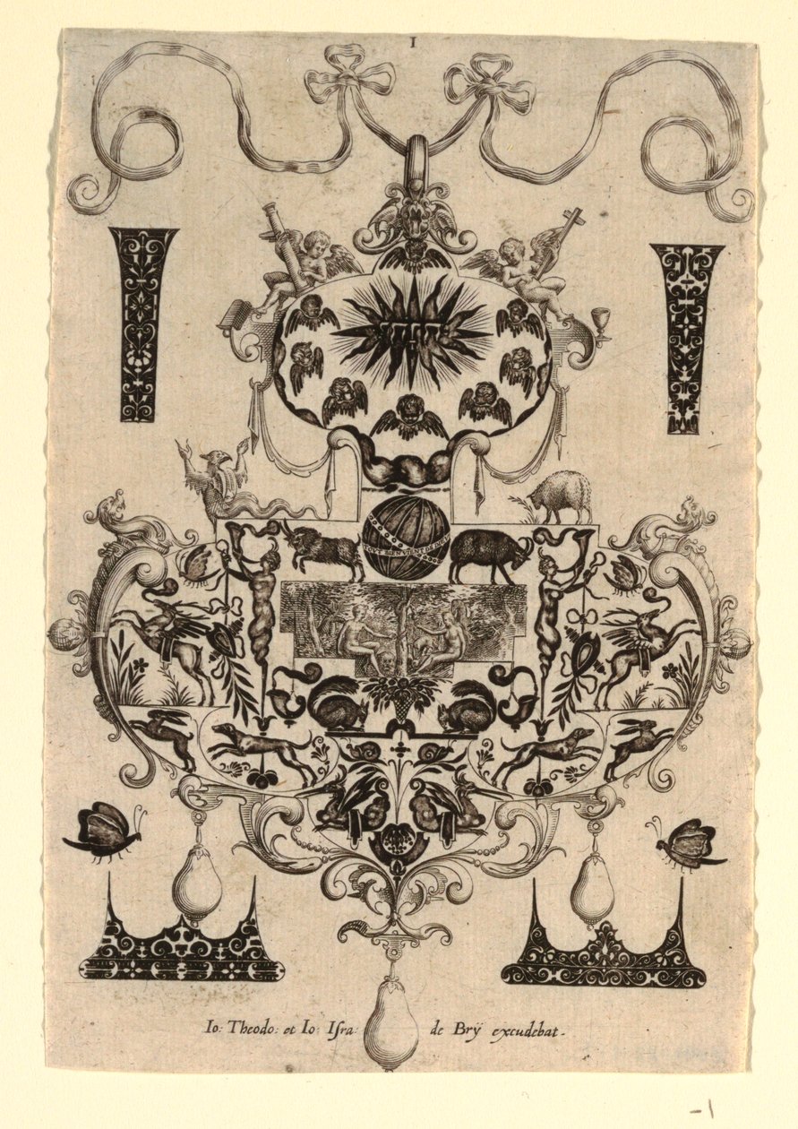 Hängsdesign med frestelsen, tavla 1, från en serie om åtta hängsmycken med kardinaldygderna av Johann Theodor de Bry