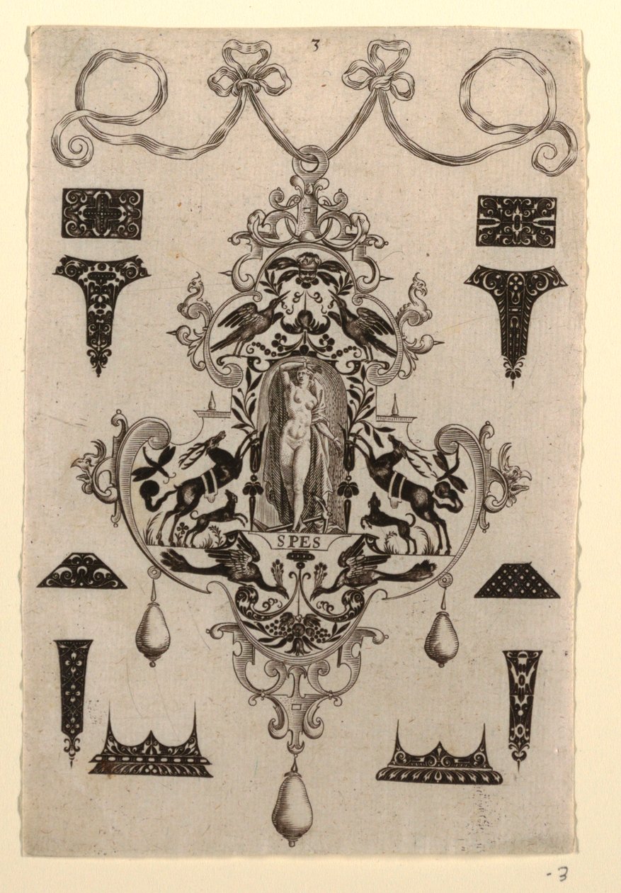 Hängsdesign med dygdhoppet, tavla 3, från en serie om åtta hängsmycken med kardinaldygderna av Johann Theodor de Bry