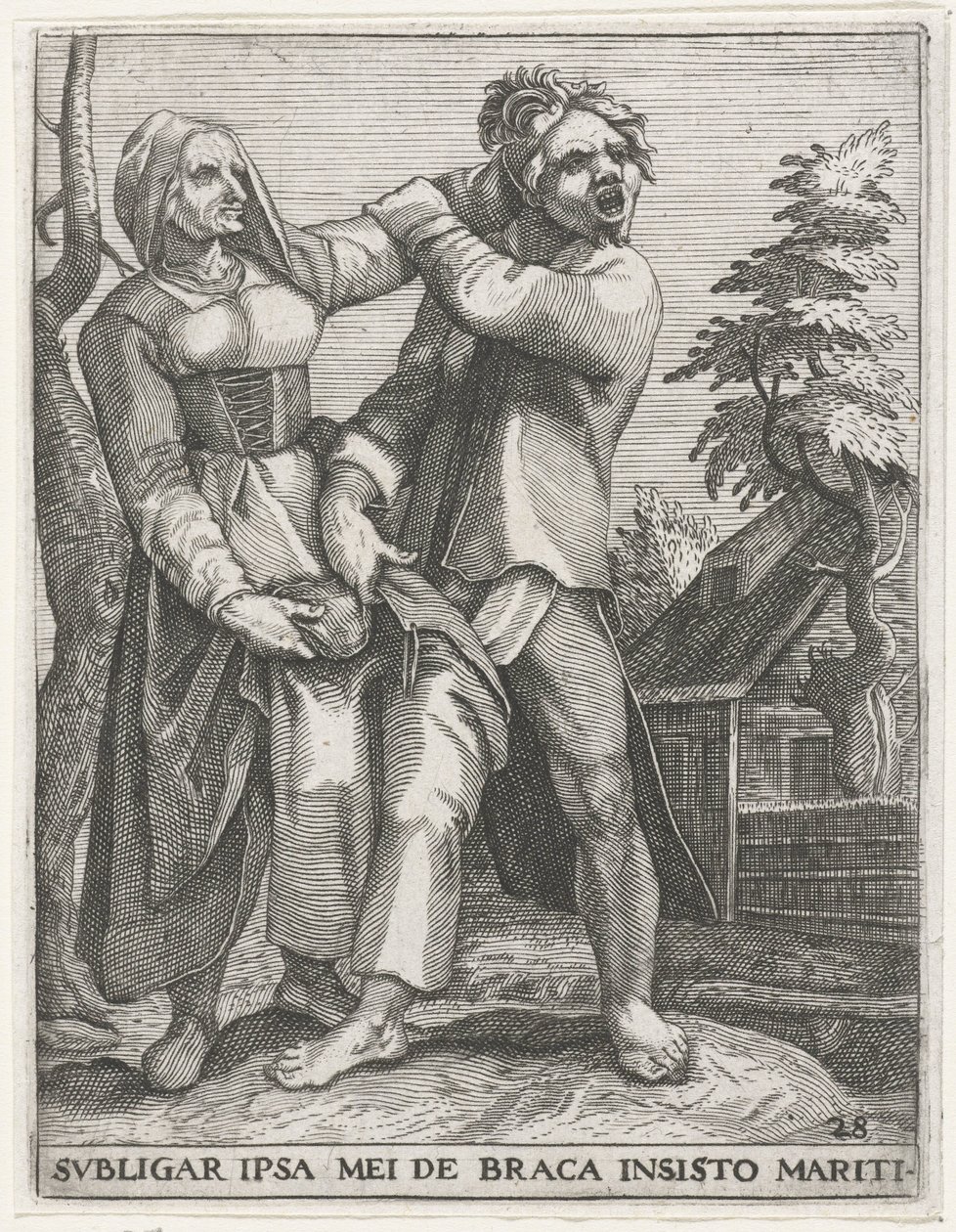 Strijd om de broek JAG KOMMER ATT BINDA MIG PÅ MIN MANS INSISTERANDE BYXOR (titel på objekt) Secular Emblems, 1596 (serietitel) av Johann Theodor de Bry
