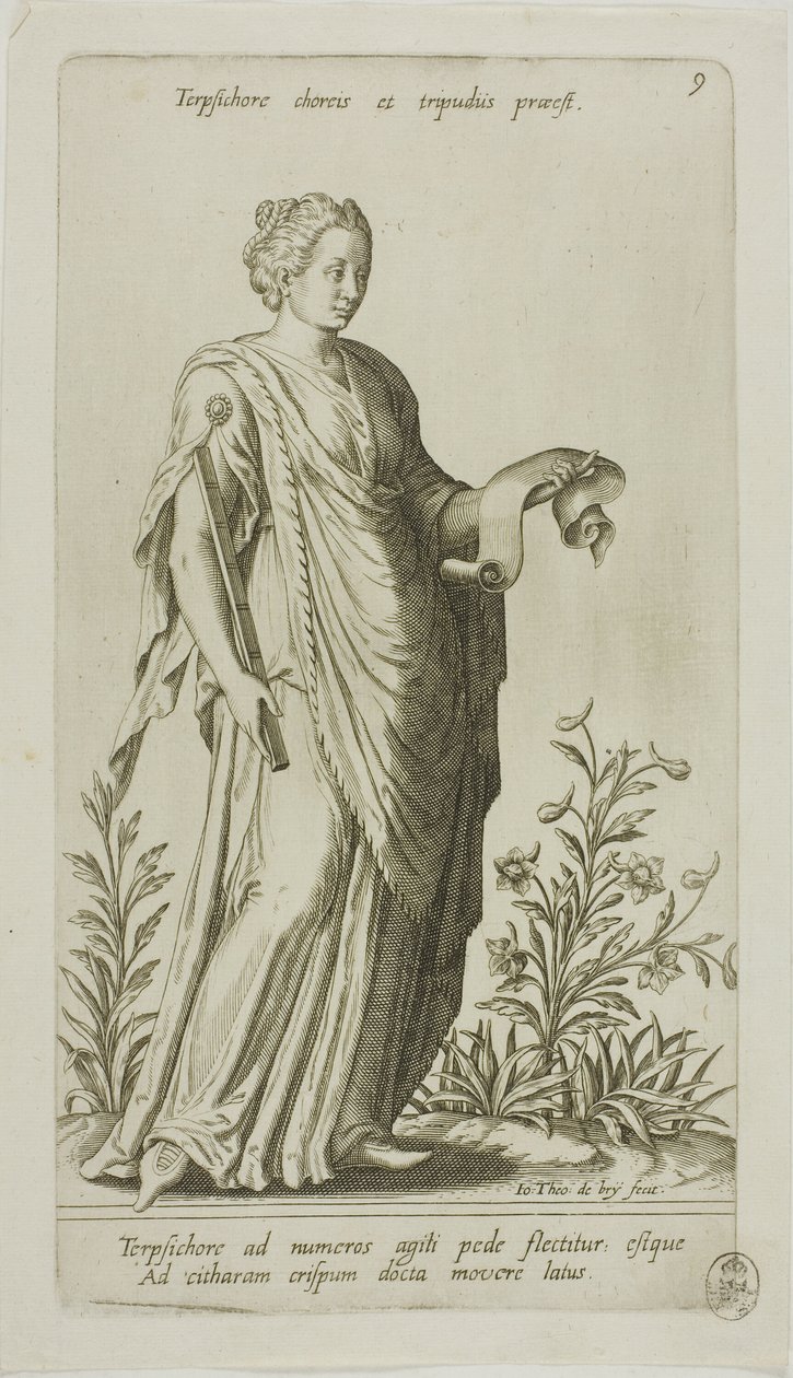 Terpsichore, Muse of Dance, tallrik 9 från Parnassus Biceps av Johann Theodor de Bry