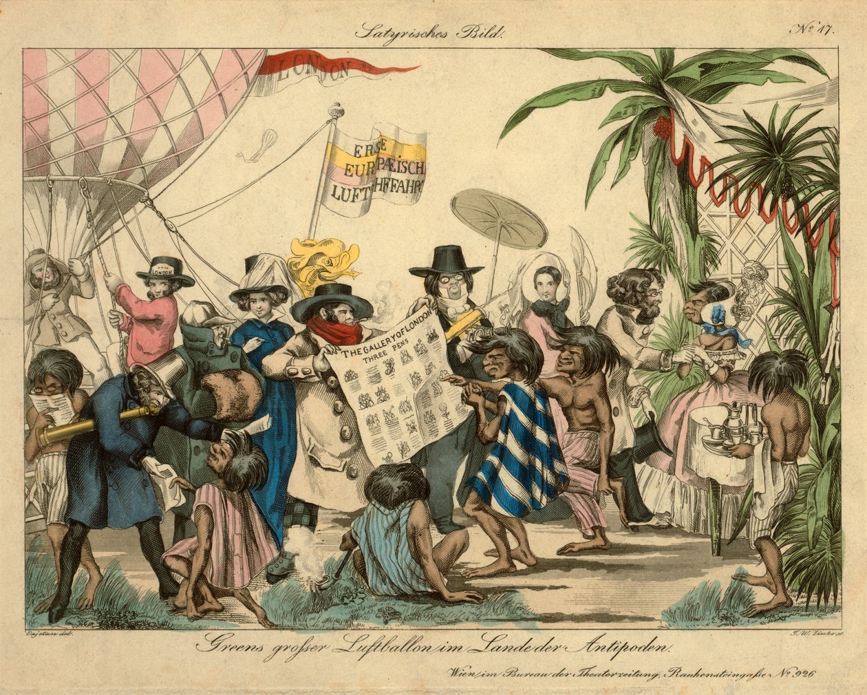 Greens luftballong i Antipoderna, ca 1840 (handfärgad etsning) av Johann Wenzel Zinke