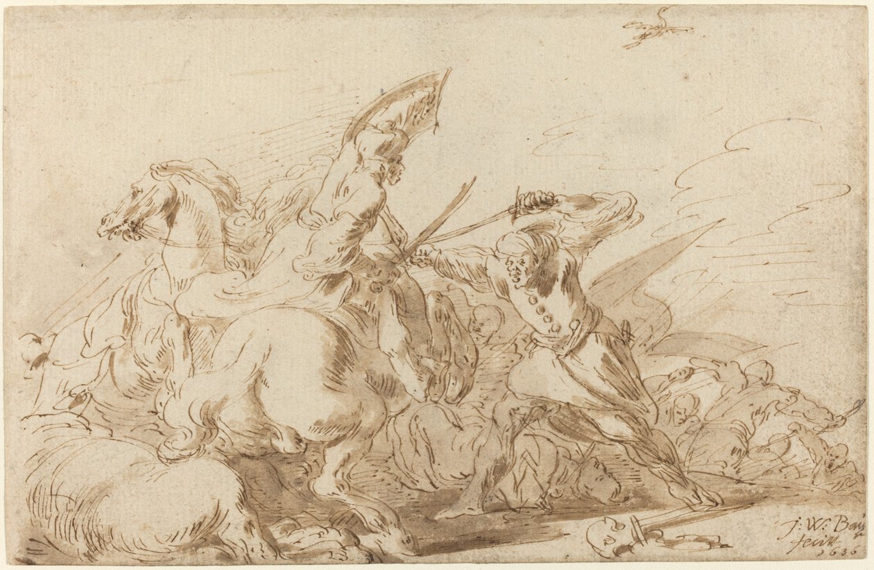 En strid mellan orientaliskt kavalleri och soldater, 1636. av Johann Wilhelm Baur