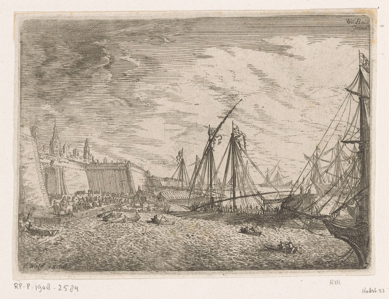 Utsikt över hamnen med segelfartyg och galärer framför en stadsmur Hamnvyer (serietitel) av Johann Wilhelm Baur