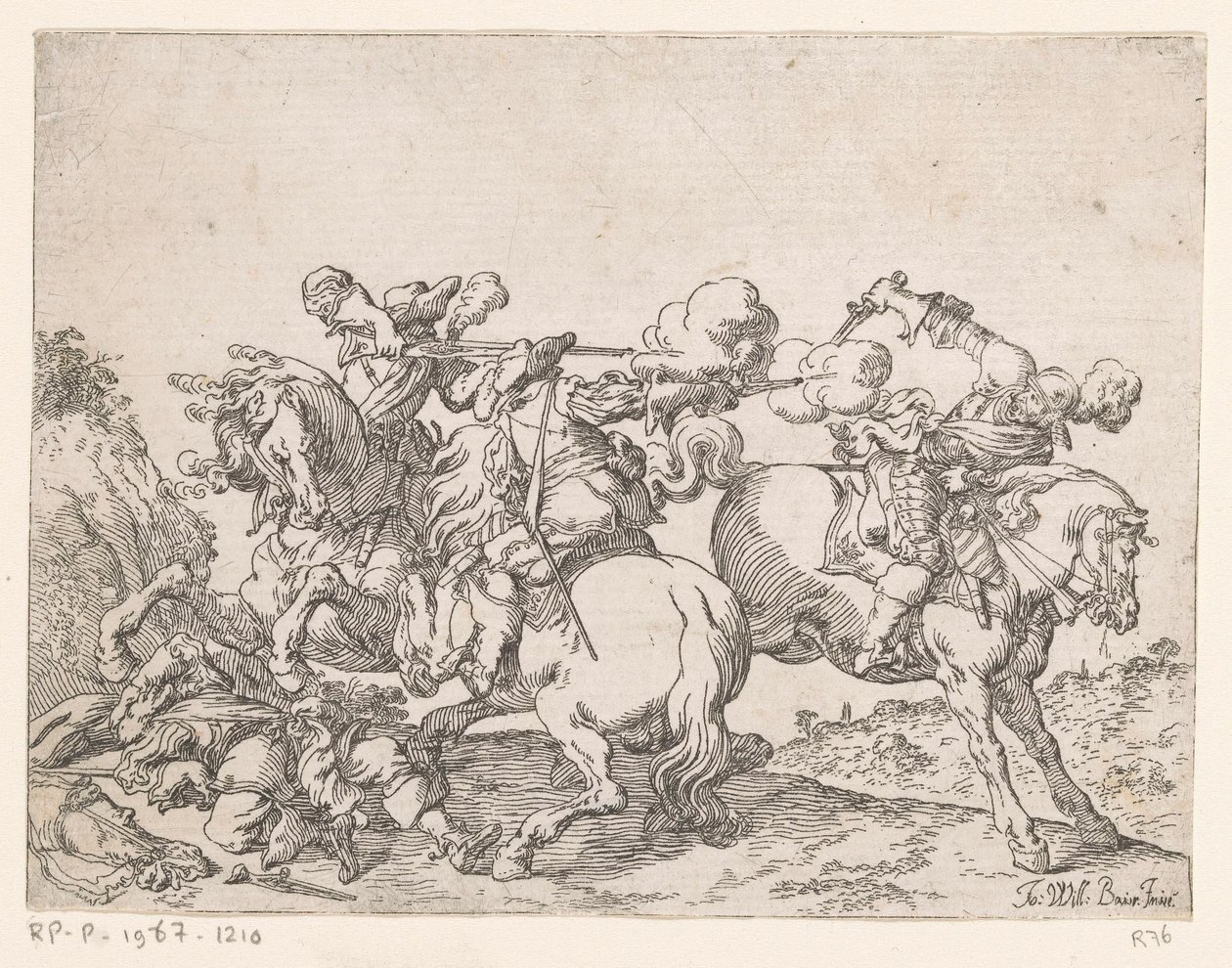Två musketörer till häst skjuter på en ryttare Stridsscener (serietitel) Capricci di varie battaglie (serietitel) av Johann Wilhelm Baur