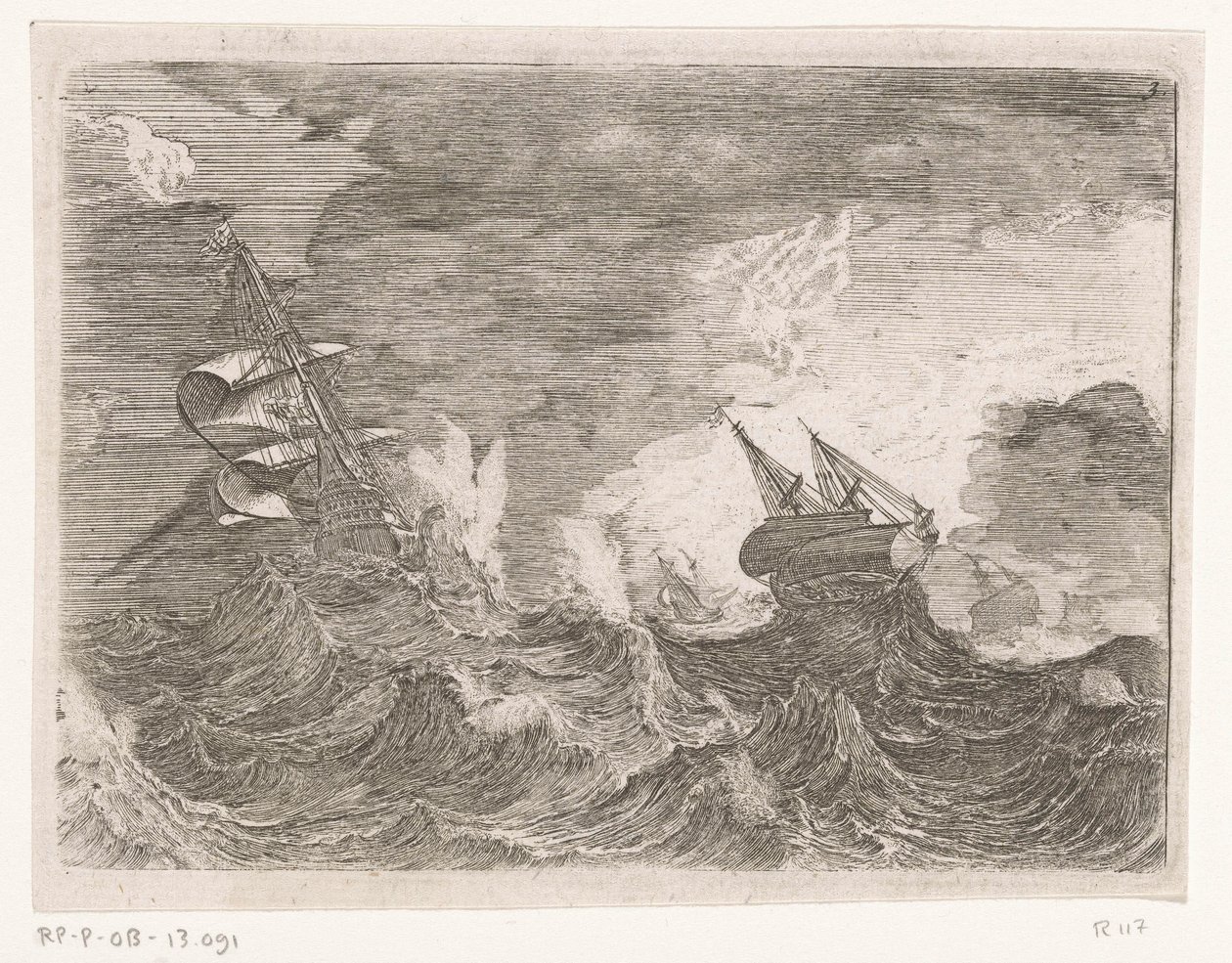 Fem segelfartyg till havs under en storm Skickas i stormigt väder (serietitel) av Johann Wilhelm Baur