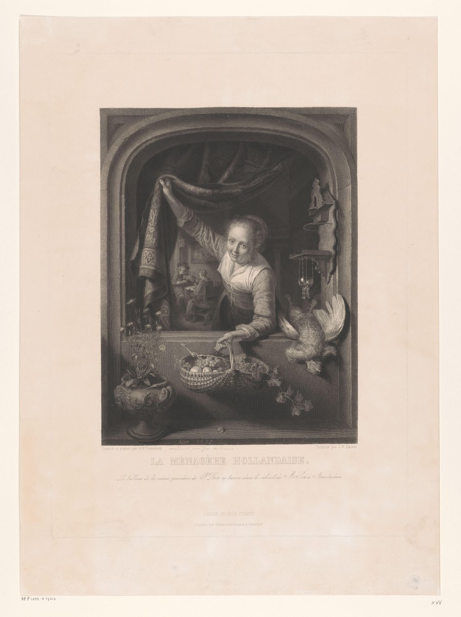 Kvinna med fruktkorg i handen vid fönstret La menagerè Hollandaise (titel på objekt) av Johann Wilhelm Kaiser (I)