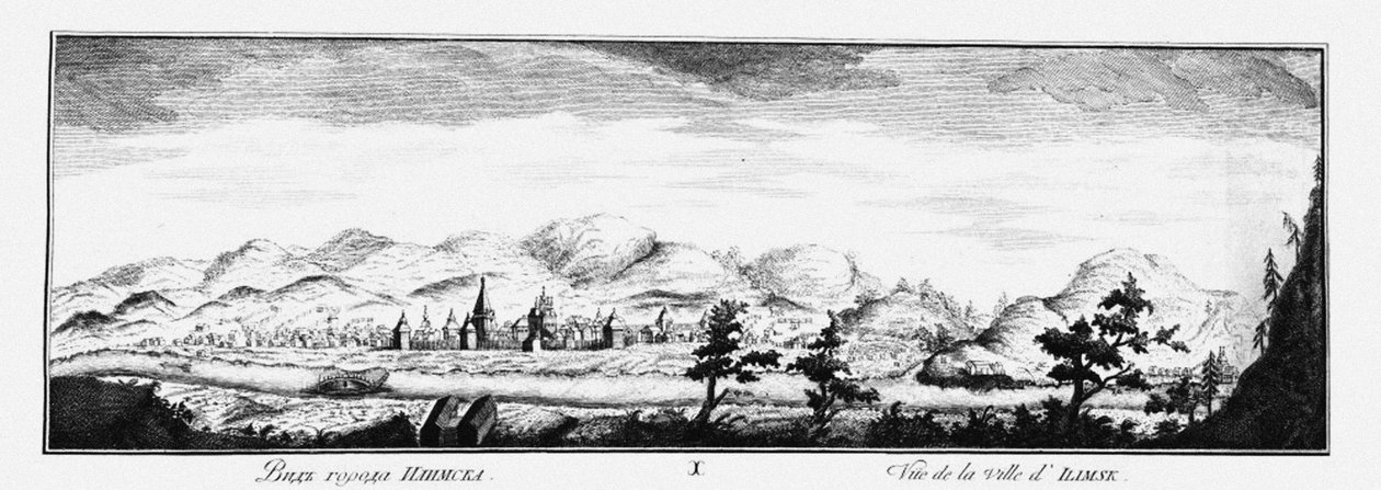 Utsikt över Ilimsk, ca 1735 av Johann Wilhelm Lürsenius