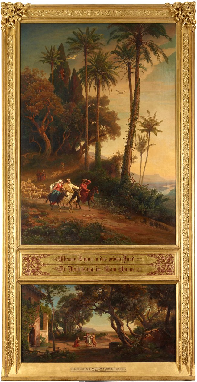 Abrahams intåg i det förlovade landet (överst). Löftet i Mamres lund (nederst). Ur sviten "Tolv bibliska landskap med berättelsen om Abraham" av Johann Wilhelm Schirmer