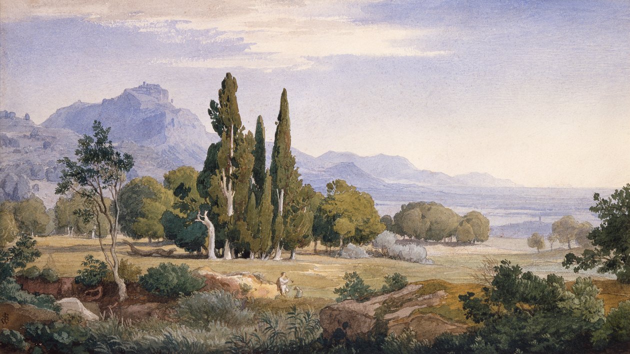 Ett arkadiskt landskap (penna och akvarell) av Johann Wilhelm Schirmer