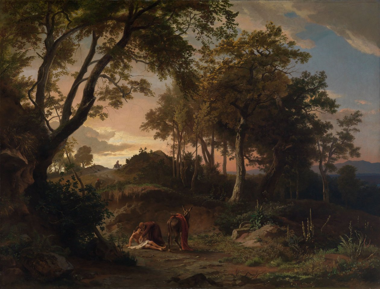 Kvällen, den barmhärtige samariten räddar den skadade vandraren av Johann Wilhelm Schirmer