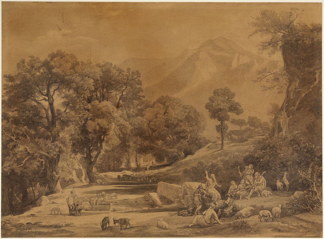 Den första predikan i Sets stam inför herdar i bergen (Första Moseboken 4:26) av Johann Wilhelm Schirmer