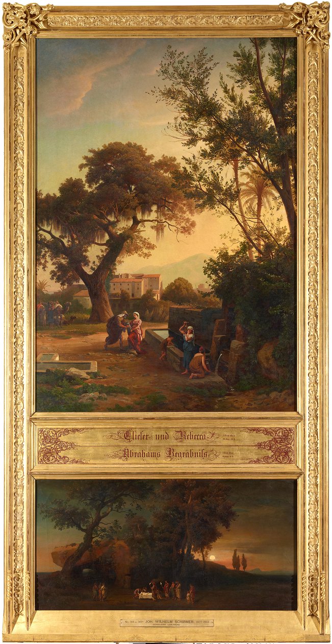 Elieser och Rebecka vid brunnen (överst). Abrahams begravning (nederst). Ur serien ”Tolv bibliska landskap med berättelsen om Abraham” av Johann Wilhelm Schirmer