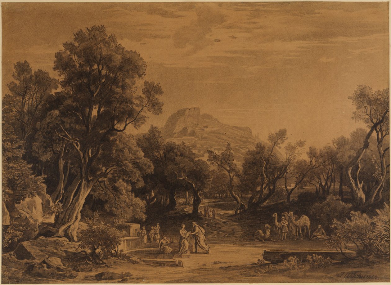 Elieser och Rebecka vid brunnen (Första Moseboken 24, 17-18) av Johann Wilhelm Schirmer