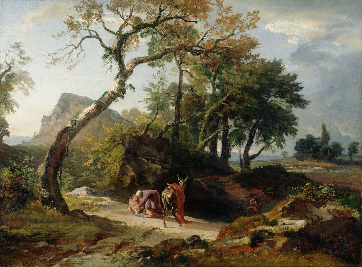 Räddningen av den skadade mannen av den barmhärtige samariten (kväll) c.1856 av Johann Wilhelm Schirmer