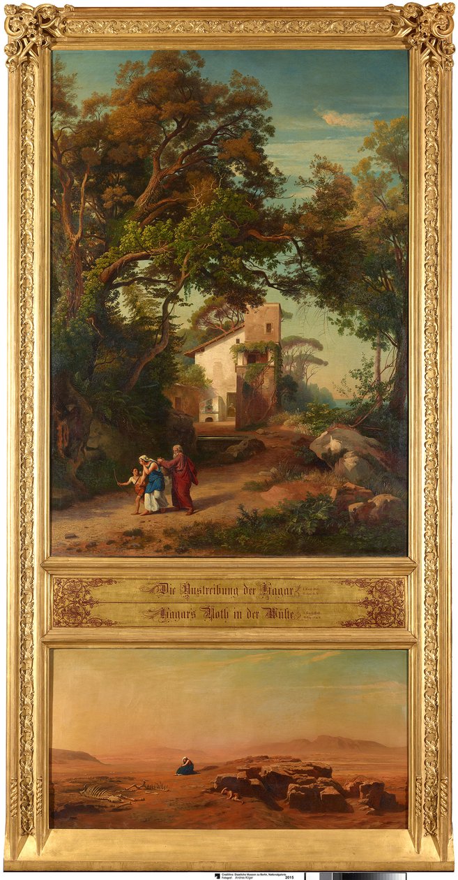 Hagars förvisning (överst). Hagar i öknen (nederst). Ur serien ”Tolv bibliska landskap med berättelsen om Abraham” av Johann Wilhelm Schirmer