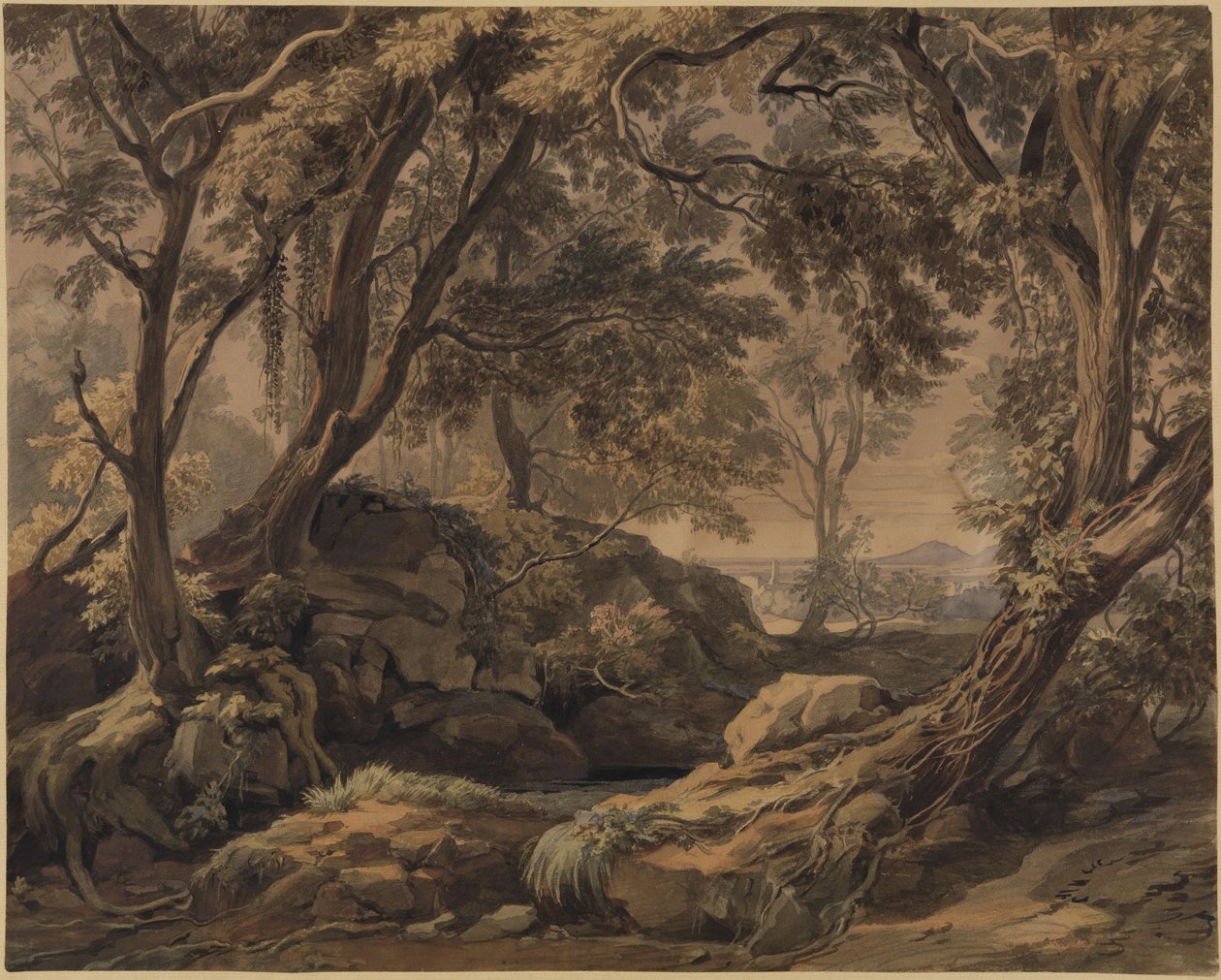 Skogslandskap med utsikt över Olevano och Monte Cavo av Johann Wilhelm Schirmer