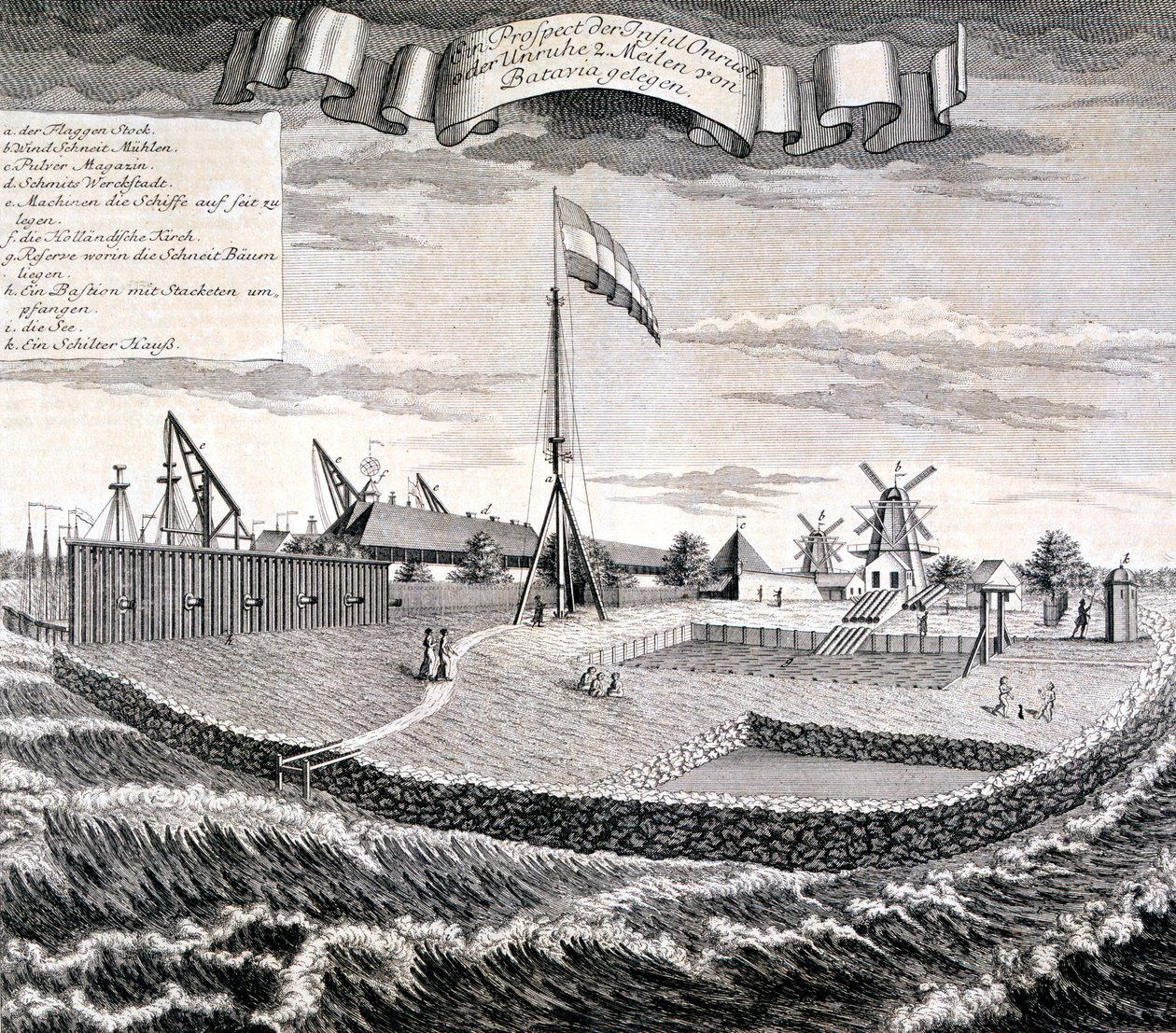 Holländska Ostindiska kompaniets trä- eller sågverk på ön två mil från Batavia, pub. 1744. av Johann Wolfgang Heydt