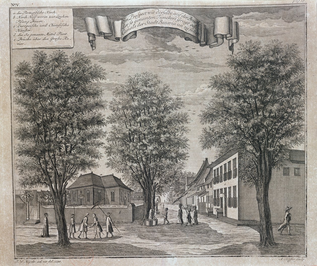 Den portugisiska kyrkan och kinesiska och europeiska hus på en gata i Batavia, från en serie vyer av Batavia "Schau-platz von Africa und Ost-Indien", publicerad i Nürnberg 1744. av Johann Wolfgang Heydt