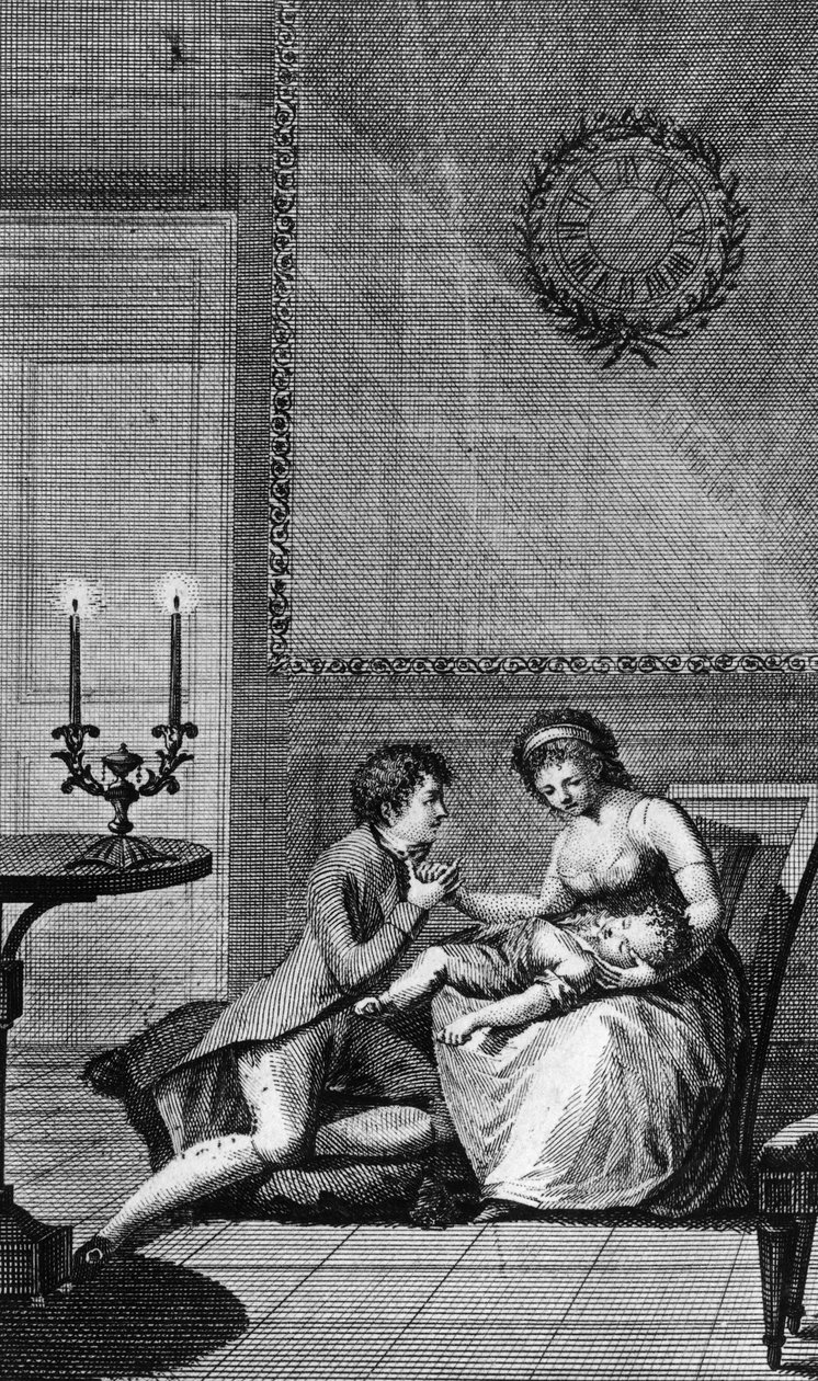 Aurelie tröstad av Wilhelm Meister, illustration till Wilhelm Meisters lärlingsutbildning, roman av Johann Wolfgang von Goethe (1749-1832), gravyr från parisisk upplaga publicerad 1802 av Johann Wolfgang von Goethe