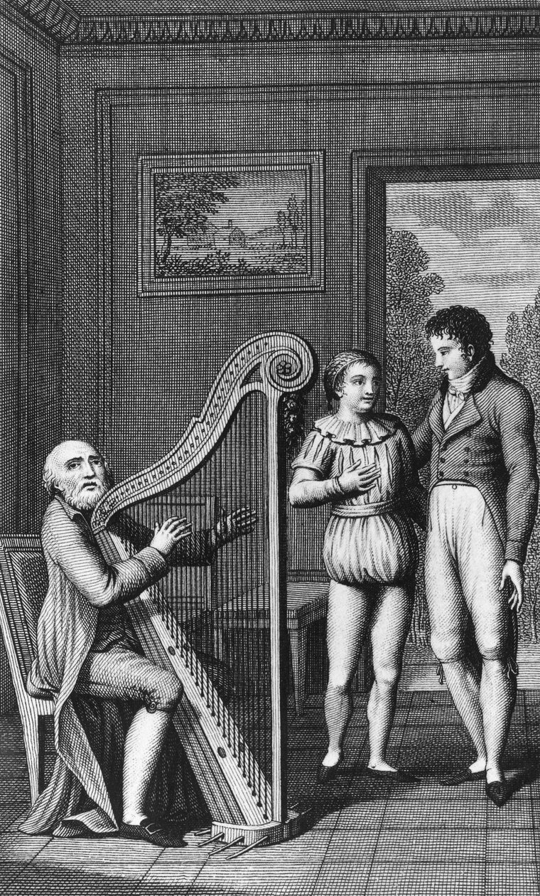 Harpist, Mignon och Wilhelm, illustrerad frontispice till Wilhelm Meisters lärlingsutbildning, roman av Johann Wolfgang von Goethe (1749-1832), gravyr från upplaga publicerad 1802 av Johann Wolfgang von Goethe