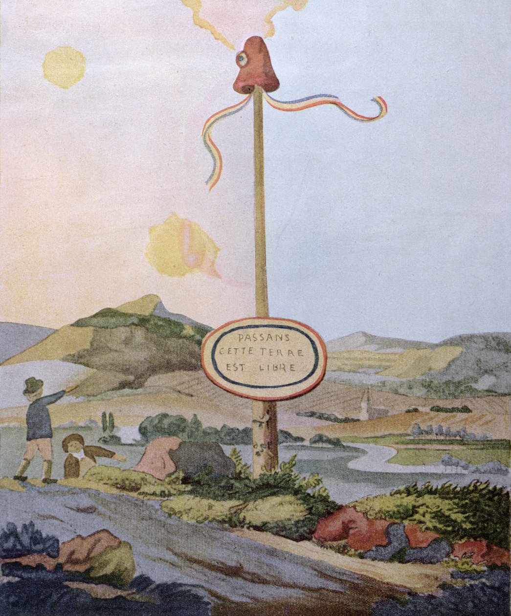 "Vandrare, detta land är fritt", frihetsstång vid den fransk-luxemburgska gränsen vid Mosel, reproduktion av en originalakvarell från 1792, ca 1847. av Johann Wolfgang von Goethe